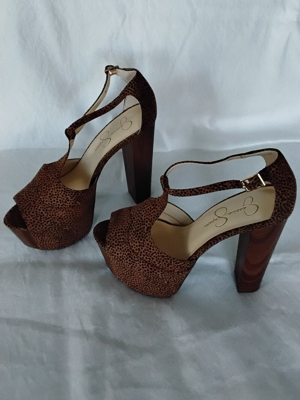 Jessica Simpson Dany Brown Leopard-Print Platform T-Strap Heels